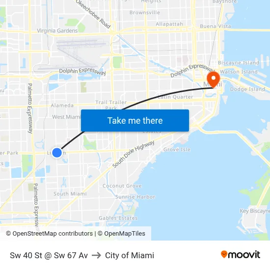 Sw 40 St @ Sw 67 Av to City of Miami map