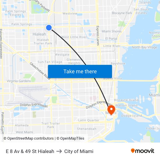 E 8 Av & 49 St Hialeah to City of Miami map