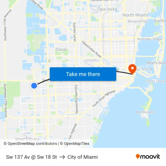 Sw 137 Av @ Sw 18 St to City of Miami map