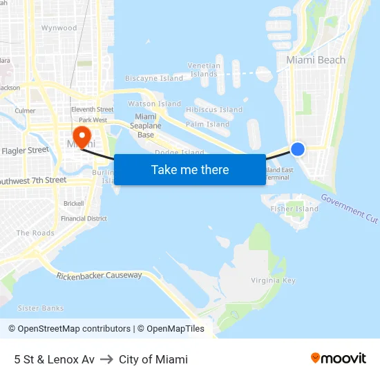 5 St & Lenox Av to City of Miami map
