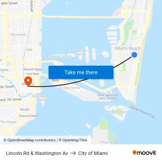 Lincoln Rd & Washington Av to City of Miami map