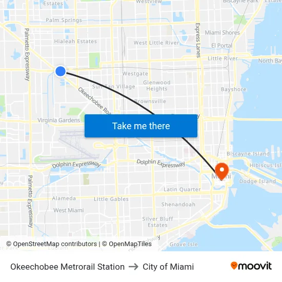 Okeechobee Metrorail Station to City of Miami map
