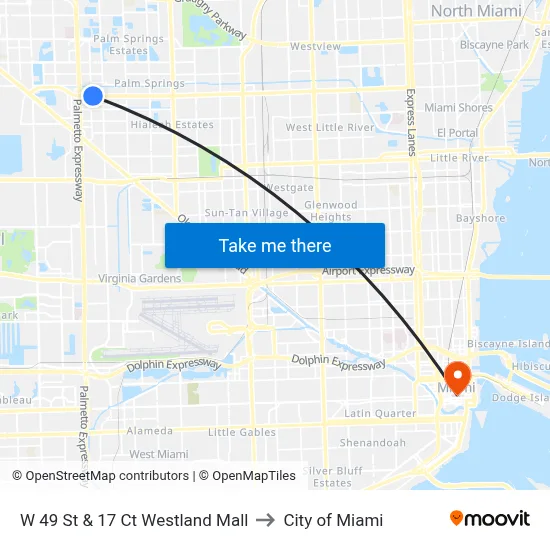 W 49 St & 17 Ct Westland Mall to City of Miami map
