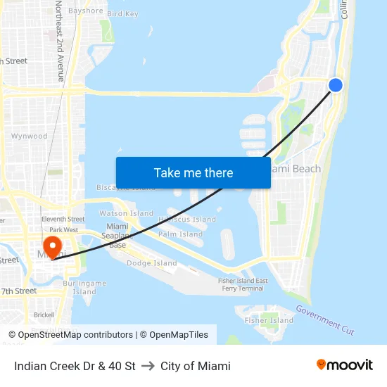 Indian Creek Dr & 40 St to City of Miami map