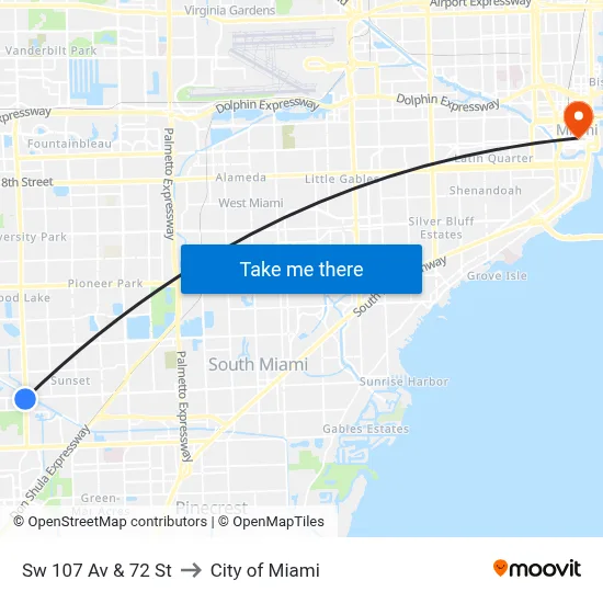 Sw 107 Av & 72 St to City of Miami map