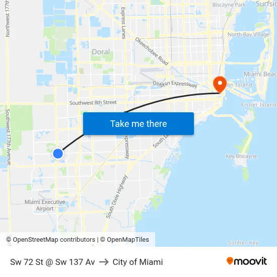 Sw 72 St @ Sw 137 Av to City of Miami map