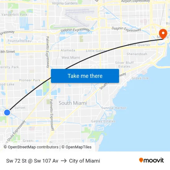 Sw 72 St @ Sw 107 Av to City of Miami map