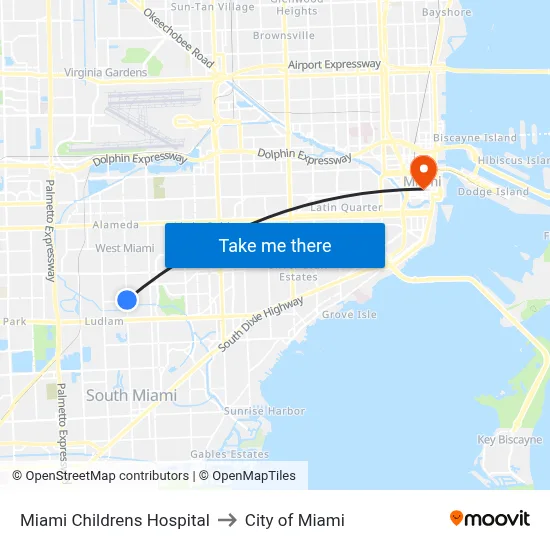 Miami Childrens Hospital to City of Miami map