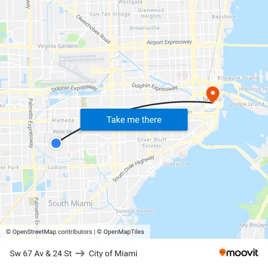 Sw 67 Av & 24 St to City of Miami map