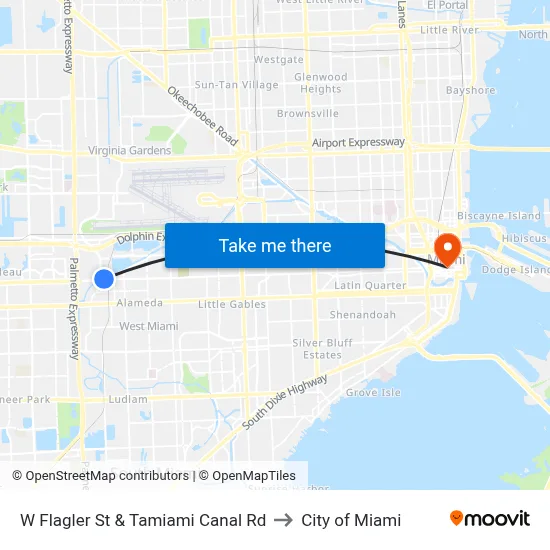 W Flagler St & Tamiami Canal Rd to City of Miami map