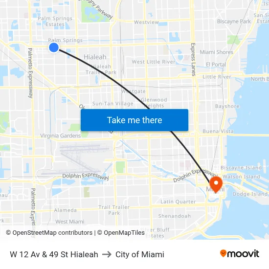 W 12 Av & 49 St Hialeah to City of Miami map