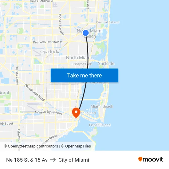 Ne 185 St & 15 Av to City of Miami map