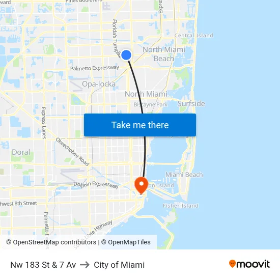 Nw 183 St & 7 Av to City of Miami map