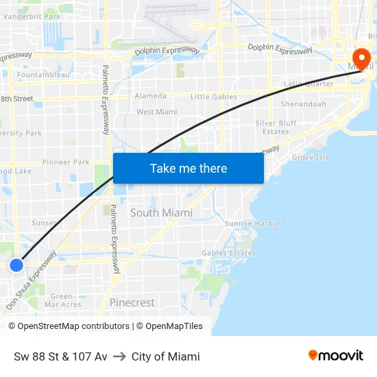 Sw 88 St & 107 Av to City of Miami map