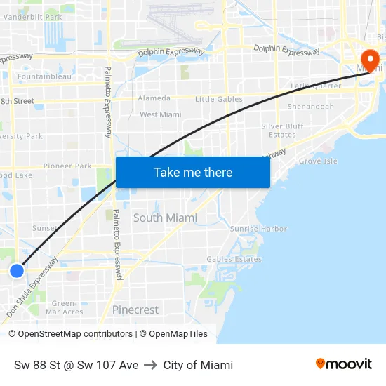 Sw 88 St @ Sw 107 Ave to City of Miami map