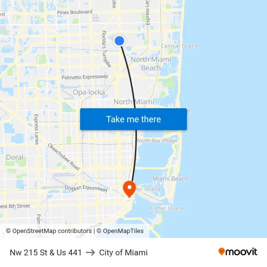 Nw 215 St & Us 441 to City of Miami map