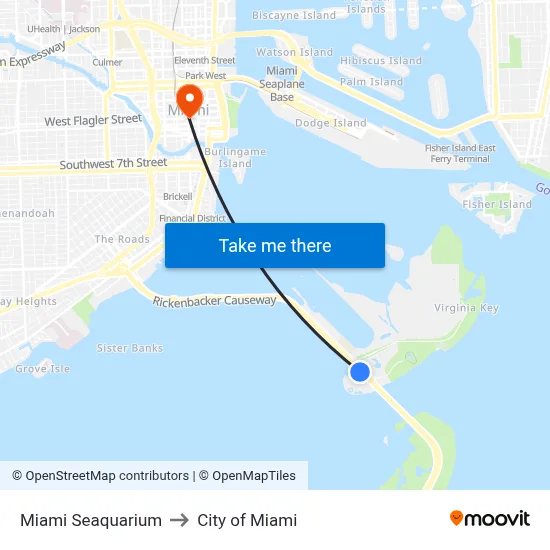 Miami Seaquarium to City of Miami map