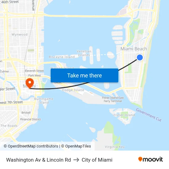 Washington Av & Lincoln Rd to City of Miami map