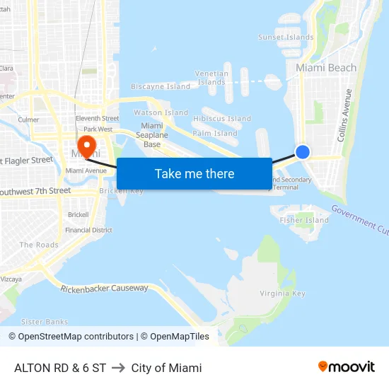 Alton Rd & 5 St to City of Miami map