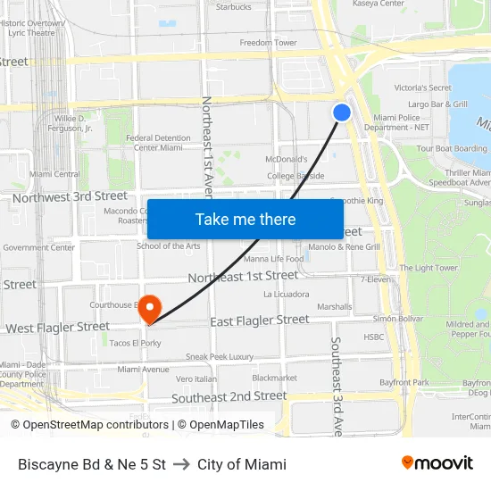 Biscayne Bd & Ne 5 St to City of Miami map