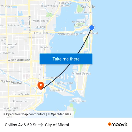 Collins Av & 69 St to City of Miami map