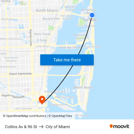 Collins Av & 96 St to City of Miami map
