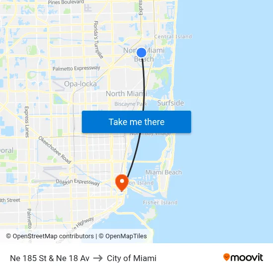 Ne 185 St & Ne 18 Av to City of Miami map