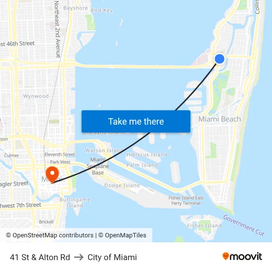 41 St & Alton Rd to City of Miami map