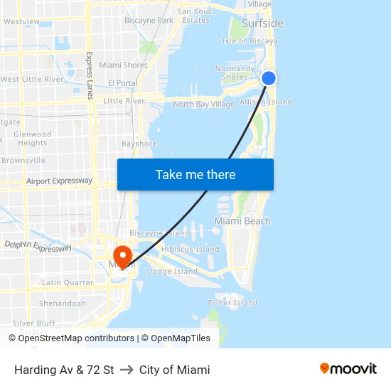 Harding Av & 72 St to City of Miami map