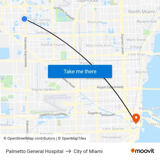 Palmetto General Hospital to City of Miami map