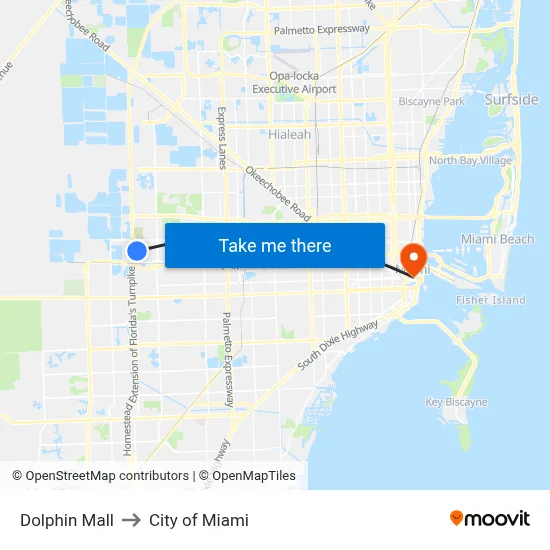Dolphin Mall to City of Miami map