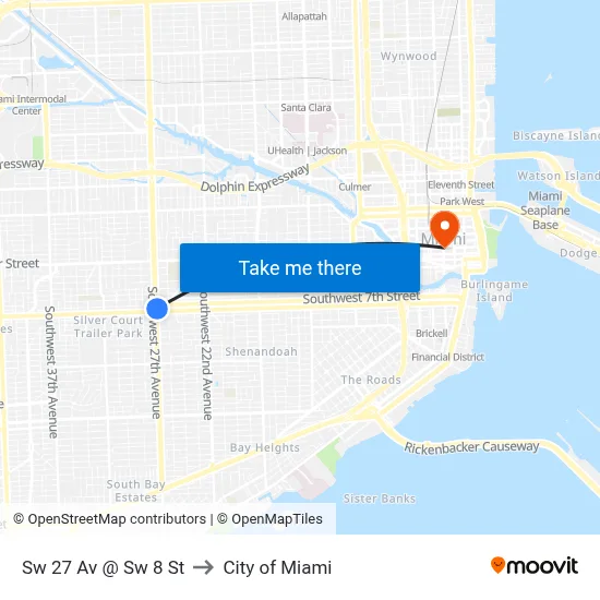 Sw 27 Av @ Sw 8 St to City of Miami map