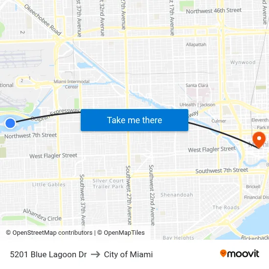 5201 Blue Lagoon Dr to City of Miami map