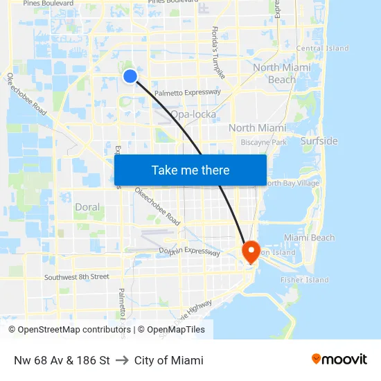 Nw 68 Av & 186 St to City of Miami map