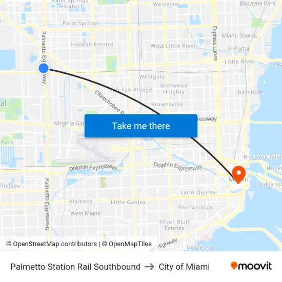 Palmetto Station Rail Southbound to City of Miami map