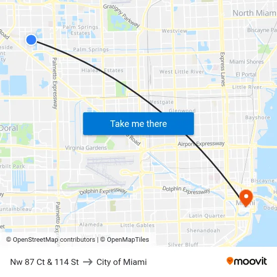 Nw 87 Ct & 114 St to City of Miami map