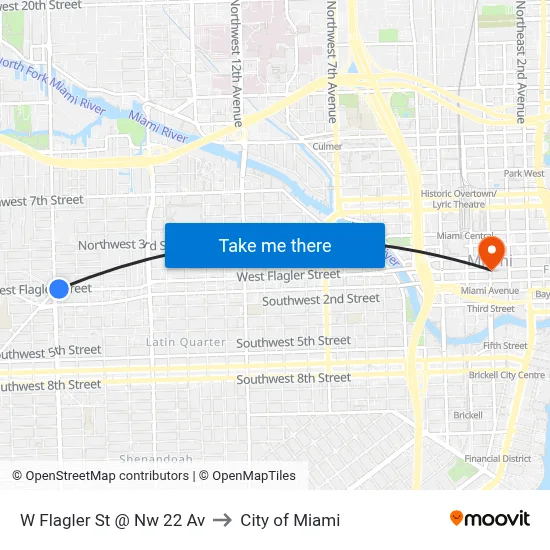 W Flagler St @ Nw 22 Av to City of Miami map
