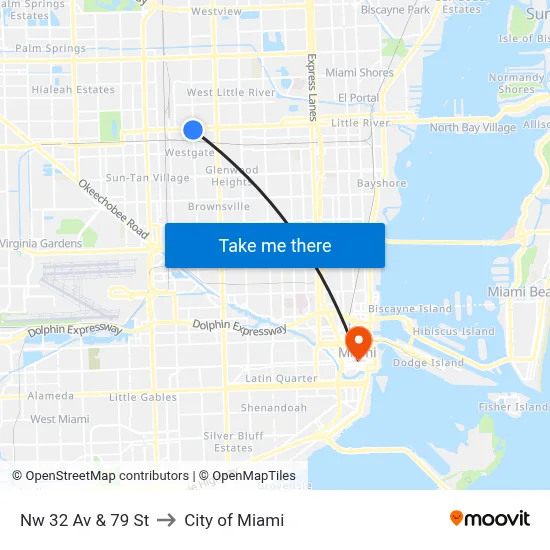 Nw 32 Av & 79 St to City of Miami map