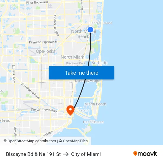 Biscayne Bd & Ne 191 St to City of Miami map