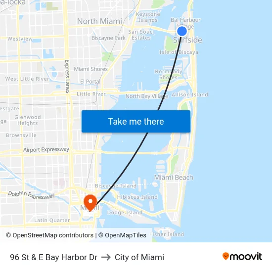 96 St & E Bay Harbor Dr to City of Miami map
