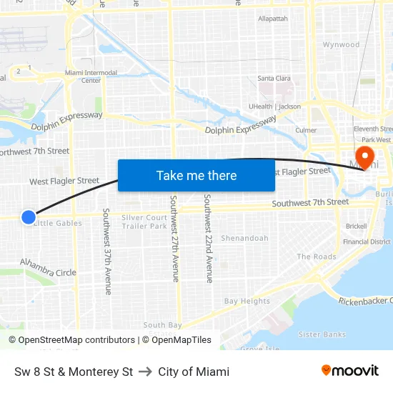 Sw 8 St & Monterey St to City of Miami map