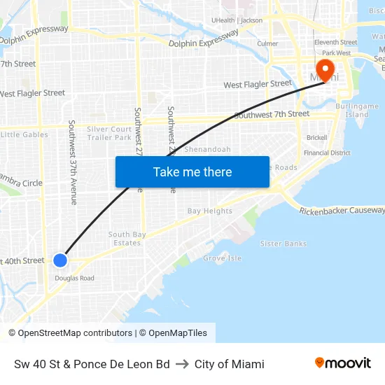 Sw 40 St & Ponce De Leon Bd to City of Miami map