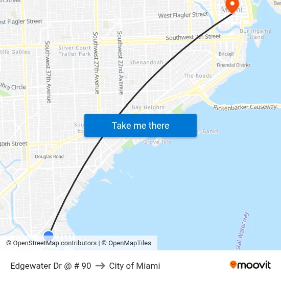 Edgewater Dr @ # 90 to City of Miami map