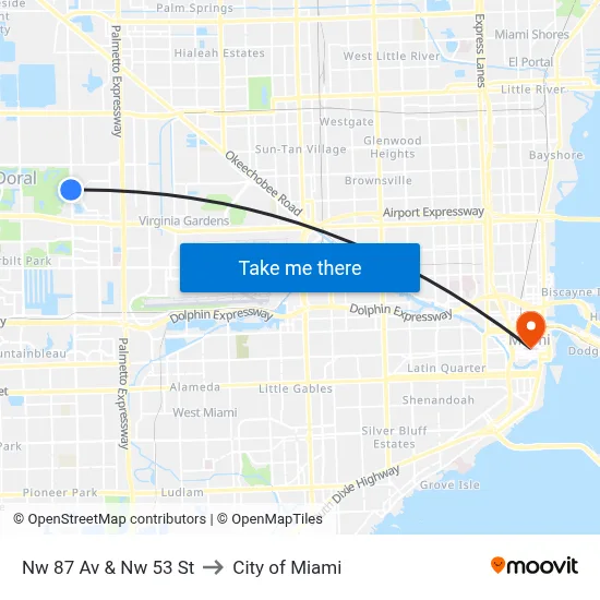Nw 87 Av & Nw 53 St to City of Miami map