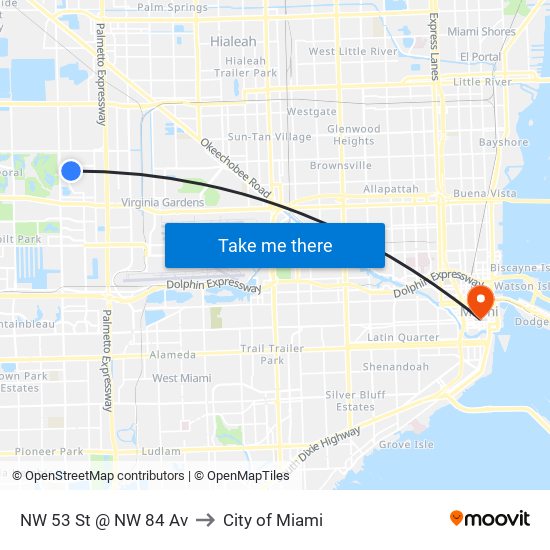 NW 53 St @ NW 84 Av to City of Miami map