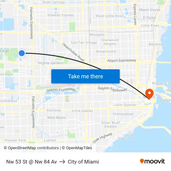 Nw 53 St @ Nw 84 Av to City of Miami map