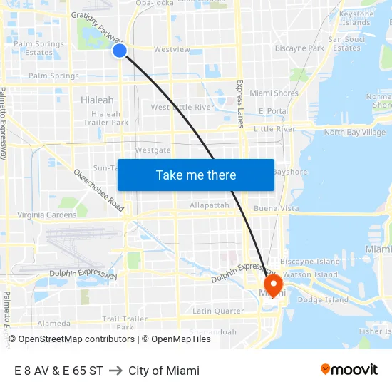 E 8 Av & E 65 St to City of Miami map