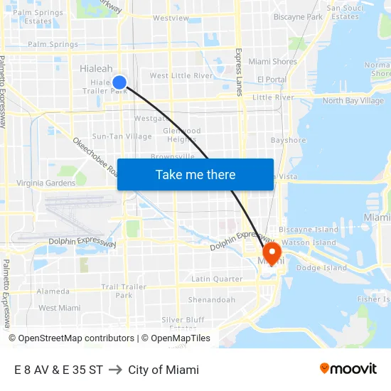 E 8 Av & E 35 St to City of Miami map