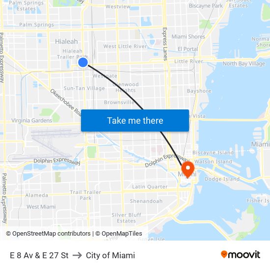 E 8 Av & E 27 St to City of Miami map