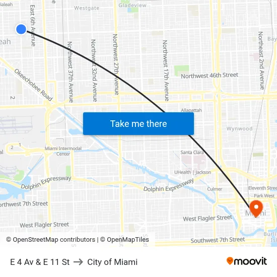 E 4 Av & E 11 St to City of Miami map